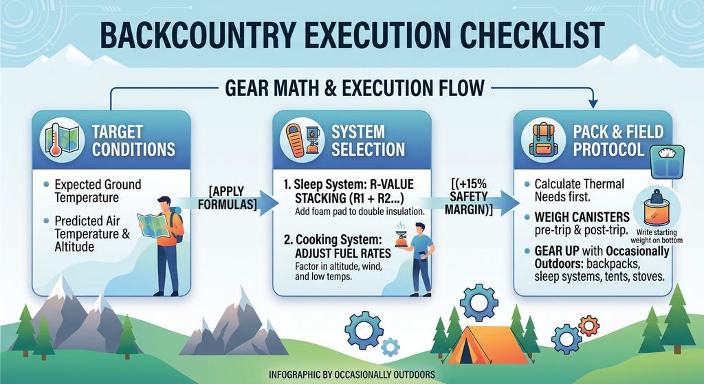 Backcountry execution checklist flowchart showing gear math formulas, R-value stacking, and stove fuel calculations by Occasionally Outdoors