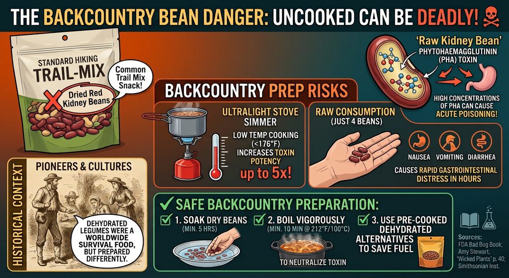 Informographic detailing the dangers of raw red kidney bean toxicity in backpacking meals, safety prep steps, and historical context.
