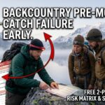 Backcountry pre-mortem printable thumbnail displaying the 2-page field safety matrix and SAR float plan PDF on a dark forest green background.