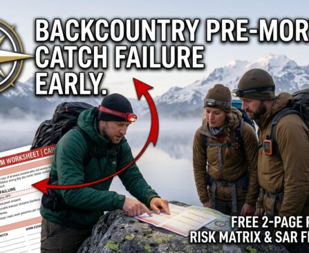 Backcountry pre-mortem printable thumbnail displaying the 2-page field safety matrix and SAR float plan PDF on a dark forest green background.