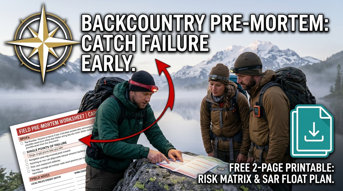 Backcountry pre-mortem printable thumbnail displaying the 2-page field safety matrix and SAR float plan PDF on a dark forest green background.
