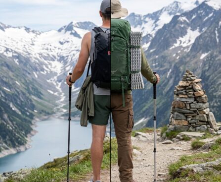 Rear view of a hiker split down the middle showing two setups: ultralight gear with a minimal backpack, shorts, and trail runners on the left; comfort gear with a large padded backpack, sleeping pad, long pants, and boots on the right.