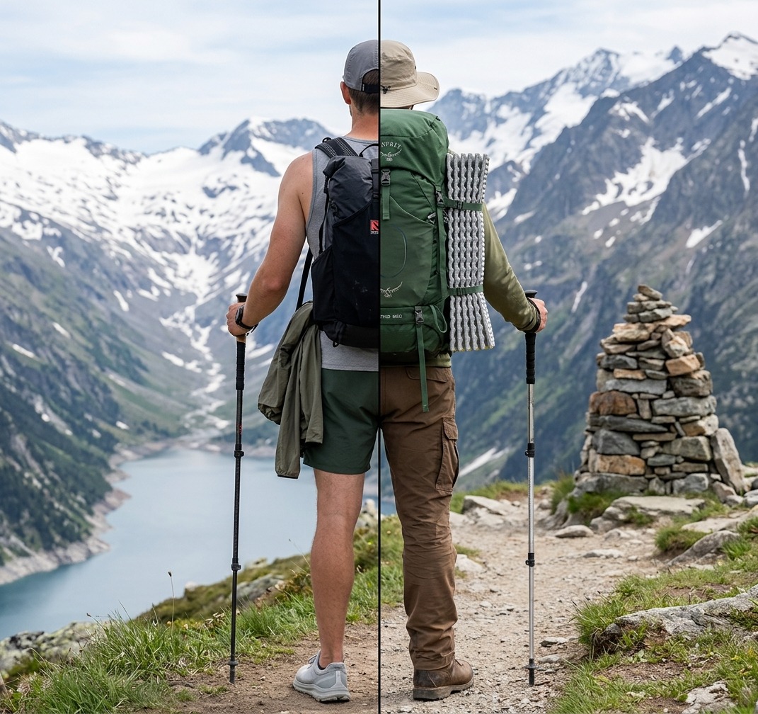 Rear view of a hiker split down the middle showing two setups: ultralight gear with a minimal backpack, shorts, and trail runners on the left; comfort gear with a large padded backpack, sleeping pad, long pants, and boots on the right.
