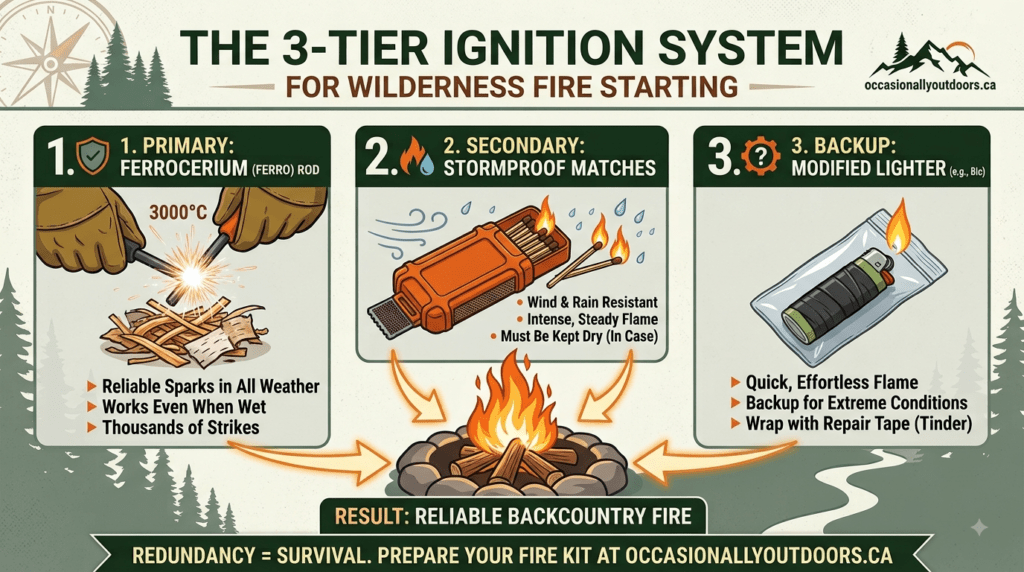 An infographic detailing the 3-Tier Ignition System for wilderness fire starting, featuring a primary ferrocerium rod, secondary stormproof matches, and a backup modified lighter for backcountry survival at occasionallyoutdoors.ca