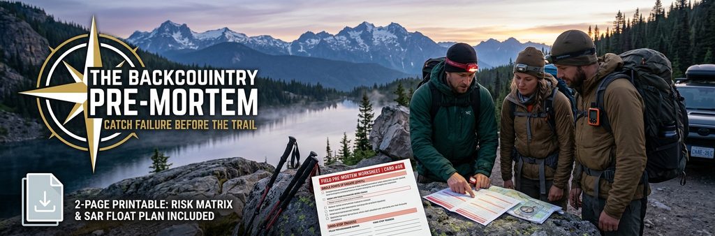 Backcountry pre-mortem planning banner featuring hikers reviewing a safety worksheet next to a wilderness lake, with text reading "The Backcountry Pre-Mortem: Catch Failure Before the Trail" and a free 2-page printable badge.