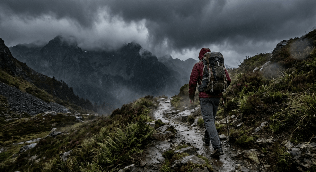 Hiker walking along a rainy mountain trail into bad weather.