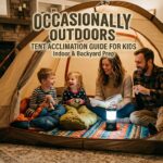 Family sitting inside a dome camping tent set up in a living room, reading a book with a camping lantern during an indoor campout.