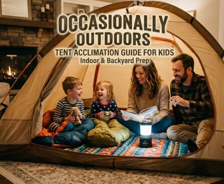 Family sitting inside a dome camping tent set up in a living room, reading a book with a camping lantern during an indoor campout.