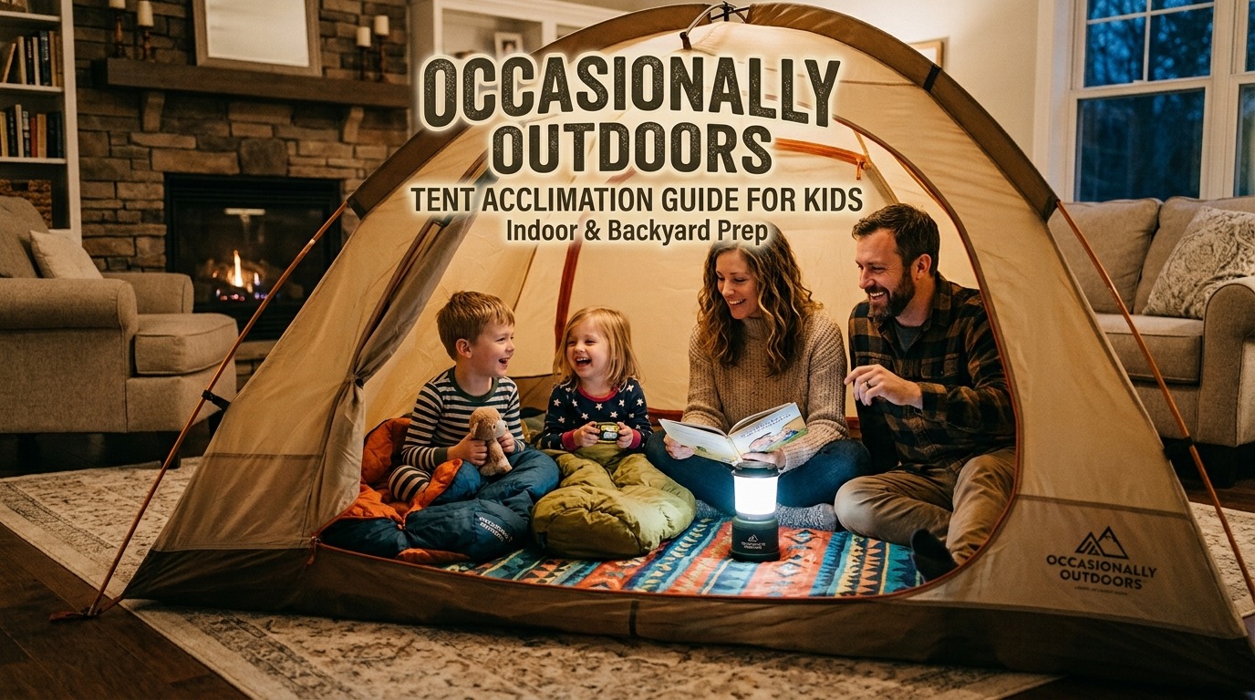 Family sitting inside a dome camping tent set up in a living room, reading a book with a camping lantern during an indoor campout.