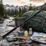 An ultralight catch-and-cook backpacking setup is displayed on a large rock in the mountains, with a winding river and forested peaks under a sunset sky in the background. The gear includes a compact fishing rod and reel resting against a large, green hiking backpack. In front of the pack, a metal pot is heated by a small camping stove. Also present are bottles of ghee and spices, a small pouch of fishing flies, a folding knife, and a spork. In the foreground, a whole trout is seasoned on a sheet of aluminum foil, ready for cooking.