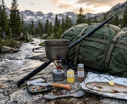 An ultralight catch-and-cook backpacking setup is displayed on a large rock in the mountains, with a winding river and forested peaks under a sunset sky in the background. The gear includes a compact fishing rod and reel resting against a large, green hiking backpack. In front of the pack, a metal pot is heated by a small camping stove. Also present are bottles of ghee and spices, a small pouch of fishing flies, a folding knife, and a spork. In the foreground, a whole trout is seasoned on a sheet of aluminum foil, ready for cooking.