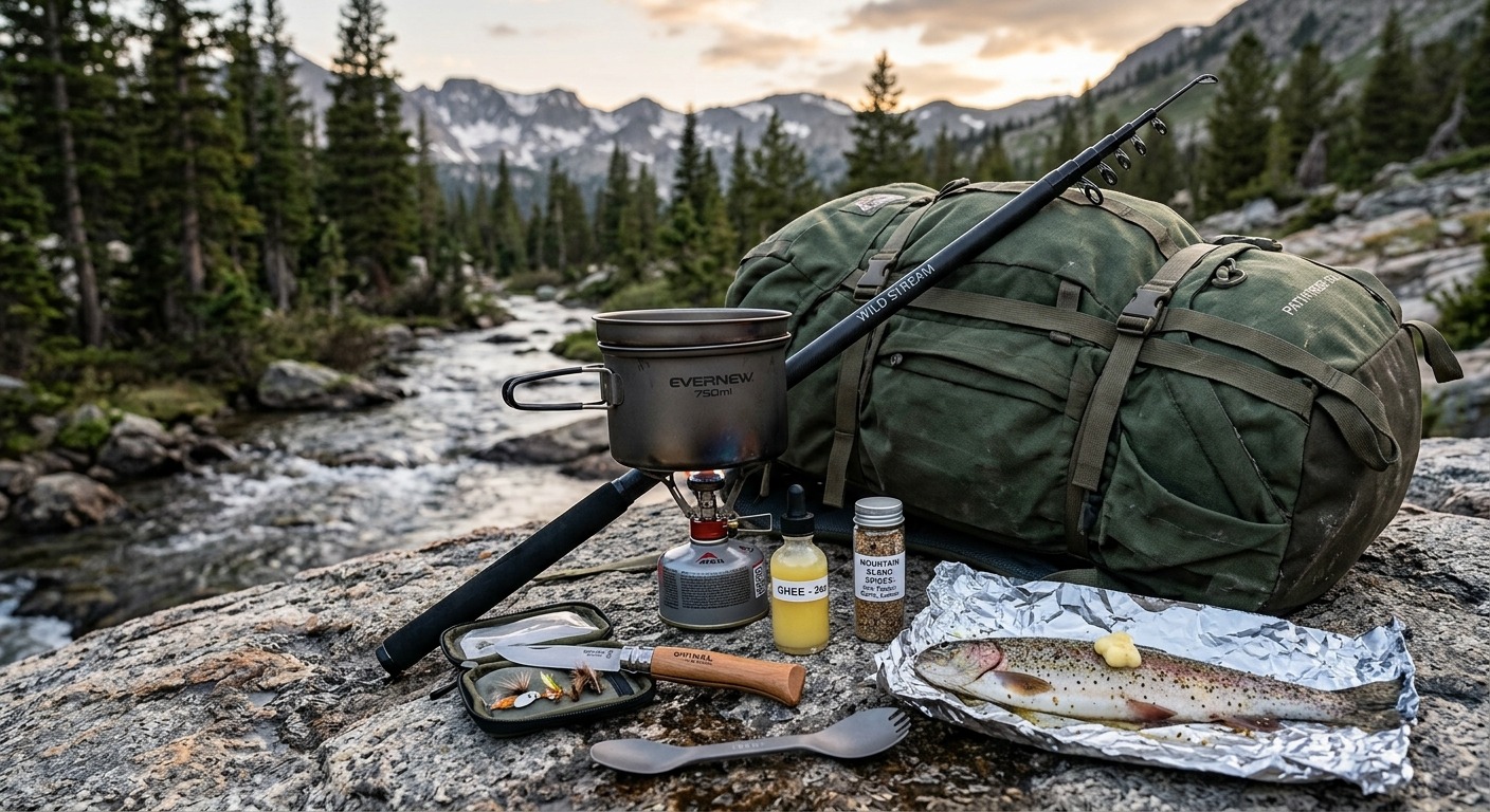 An ultralight catch-and-cook backpacking setup is displayed on a large rock in the mountains, with a winding river and forested peaks under a sunset sky in the background. The gear includes a compact fishing rod and reel resting against a large, green hiking backpack. In front of the pack, a metal pot is heated by a small camping stove. Also present are bottles of ghee and spices, a small pouch of fishing flies, a folding knife, and a spork. In the foreground, a whole trout is seasoned on a sheet of aluminum foil, ready for cooking.