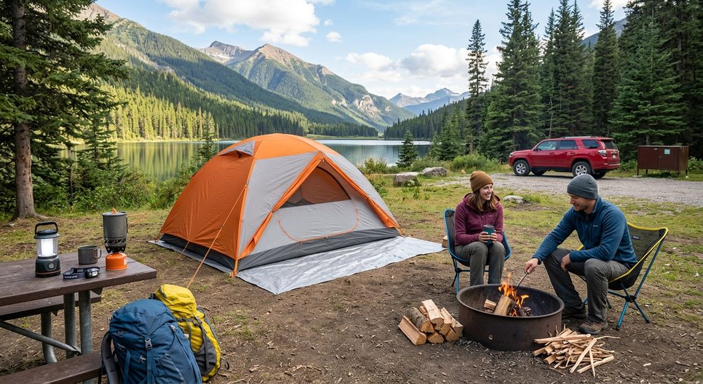 Two campers relaxing by a campfire beside a properly pitched orange tent, backpacks, and camping stove at a lake campsite they followed our beginner camping tips