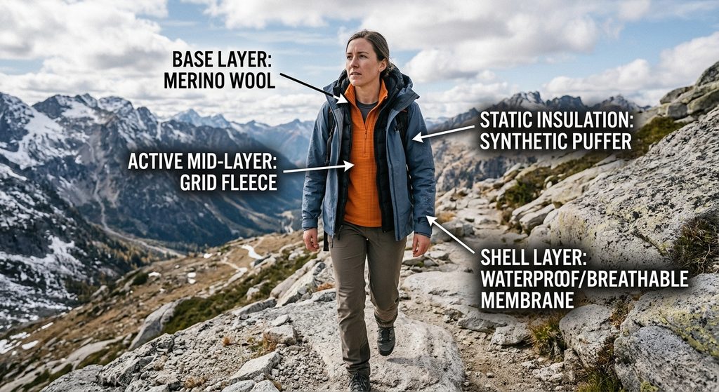 A full-body outdoor photograph of a female hiker on a mountain ridge, serving as a cold weather layering guide by demonstrating proper apparel: labels identify a Merino wool base layer, orange grid-fleece midlayer, synthetic puffer insulation, and a blue waterproof shell.