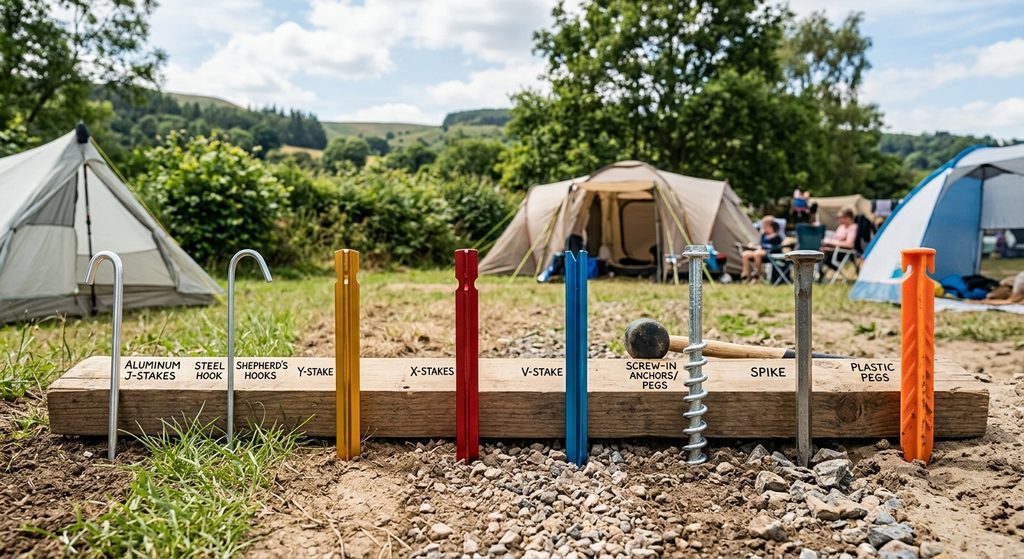 A comparison of the best tent pegs for different ground types lined up on a wooden beam at a campsite, including shepherd hooks, Y-stakes, spike stakes, plastic pegs, and screw-in anchors.