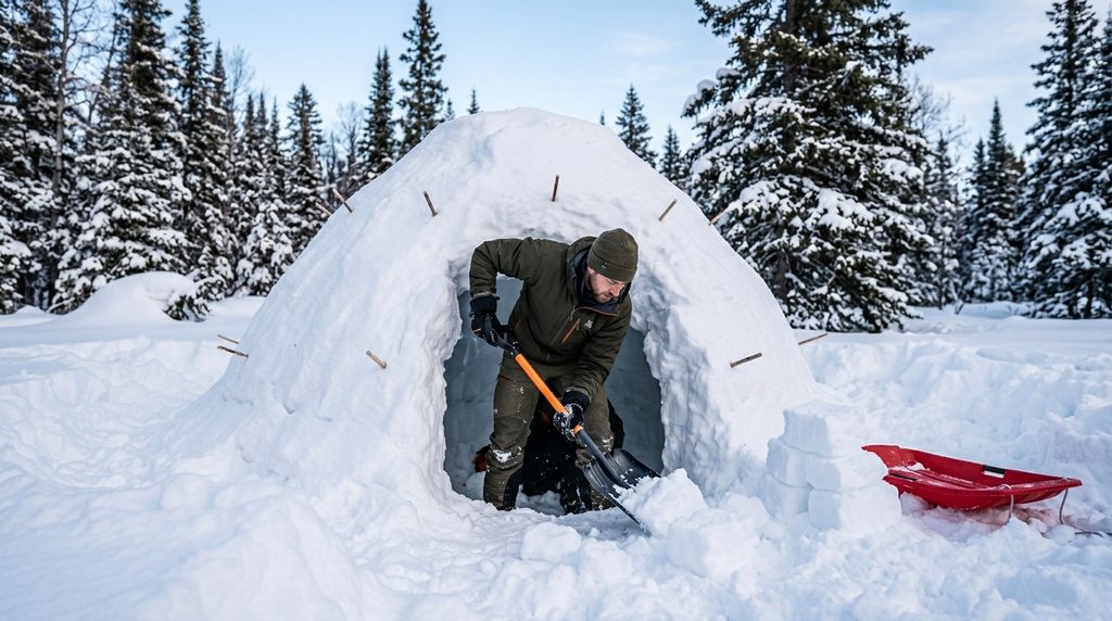 Winter camper using a shovel to excavate a quinzhee snow shelter dome with guide sticks inserted into the walls