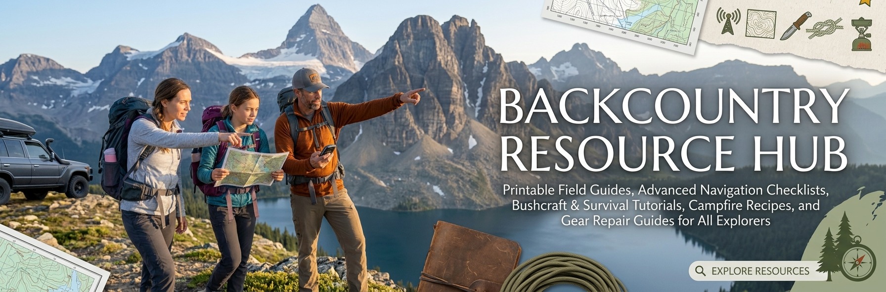 Backcountry Resource Hub banner featuring hikers reviewing topographical field guides and wilderness survival tools, promoting printable guides, bushcraft tutorials, and outdoor skills checklists