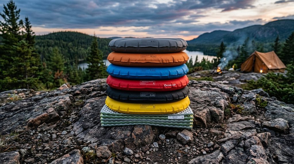 stacked sleeping pads with different R-value ratings on cold Canadian Shield rock