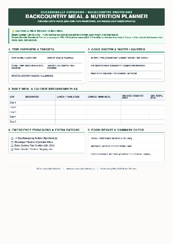 Free Printable Backcountry Meal and Nutrition Planner