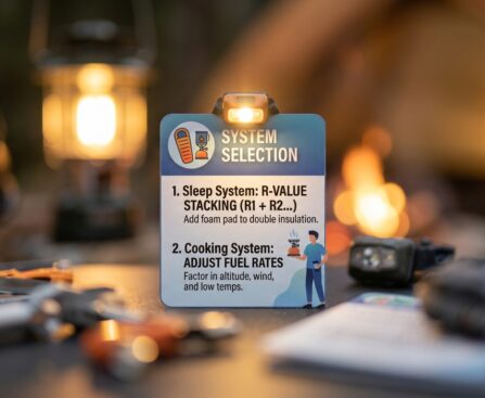 Backcountry gear math reference card displaying sleep system R-value stacking formulas next to a headlamp and camp gear