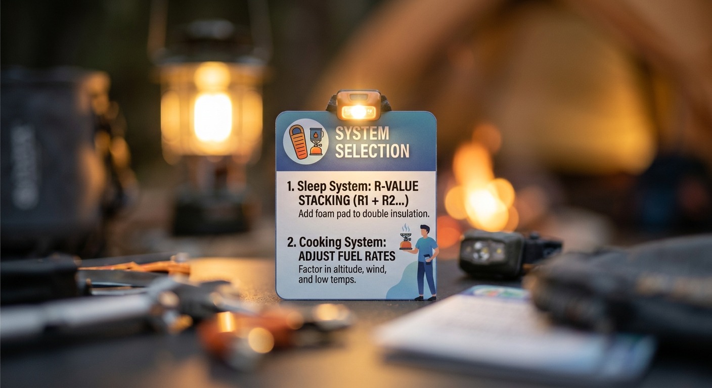 Backcountry gear math reference card displaying sleep system R-value stacking formulas next to a headlamp and camp gear
