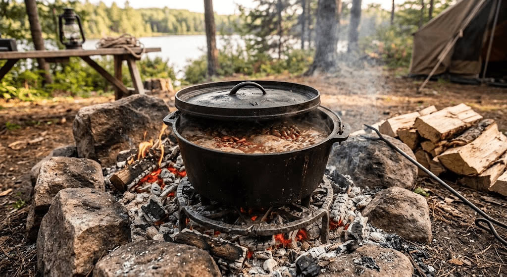 A cast iron Dutch oven containing boiling red beans, sitting on an iron trivet over a blazing campfire at a forest campsite by a lake.