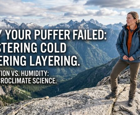 A detailed 16:9 banner photograph capturing a female hiker standing confidently on a rugged granite mountain ridge. The hiker is positioned on the right, facing left, looking out over a vast alpine panorama of snow-dusted, jagged peaks and deep, green valleys under a dramatic cloudy sky. She wears a properly layered outfit: a grey merino base layer, a bright orange grid-fleece midlayer, a static synthetic puffer, and a blue waterproof technical shell. A sunstar is captured on the left horizon, emphasizing the wilderness environment. The image uses leading lines from the rock and mountains to create depth and authority.