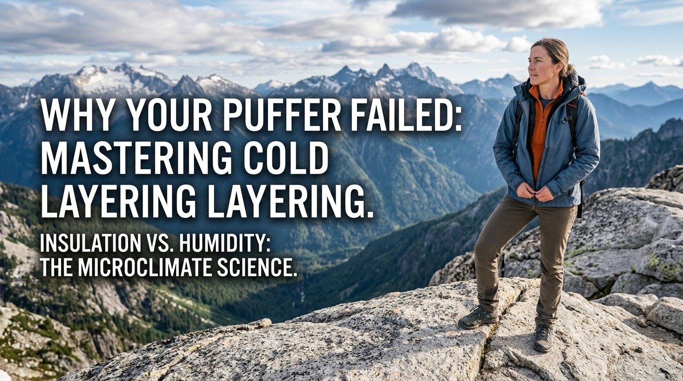 A detailed 16:9 banner photograph capturing a female hiker standing confidently on a rugged granite mountain ridge. The hiker is positioned on the right, facing left, looking out over a vast alpine panorama of snow-dusted, jagged peaks and deep, green valleys under a dramatic cloudy sky. She wears a properly layered outfit: a grey merino base layer, a bright orange grid-fleece midlayer, a static synthetic puffer, and a blue waterproof technical shell. A sunstar is captured on the left horizon, emphasizing the wilderness environment. The image uses leading lines from the rock and mountains to create depth and authority.