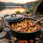 cooking a shrimp boil and baking bread over a fire