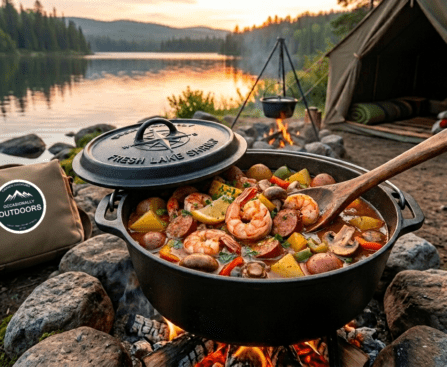 cooking a shrimp boil and baking bread over a fire