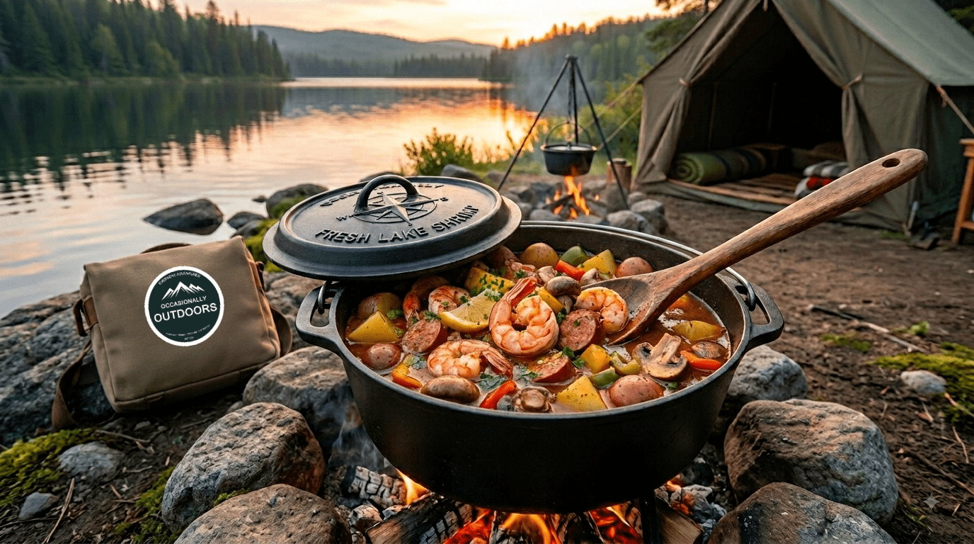 cooking a shrimp boil and baking bread over a fire