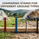 Featured banner displaying the best tent pegs for different ground types lined up in a row at a campsite with tents in the background.