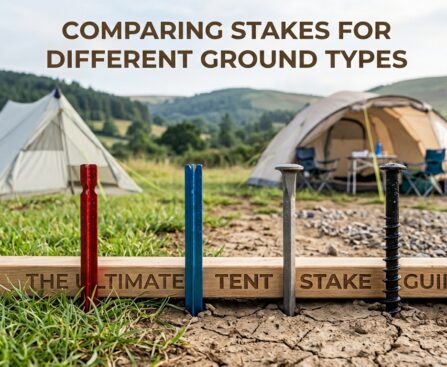 Featured banner displaying the best tent pegs for different ground types lined up in a row at a campsite with tents in the background.