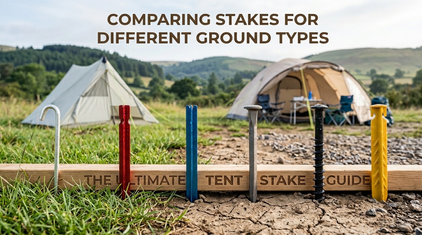 Featured banner displaying the best tent pegs for different ground types lined up in a row at a campsite with tents in the background.