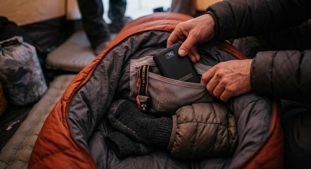 Hands storing a cold weather power bank inside the footbox of a winter sleeping bag for overnight battery warmth